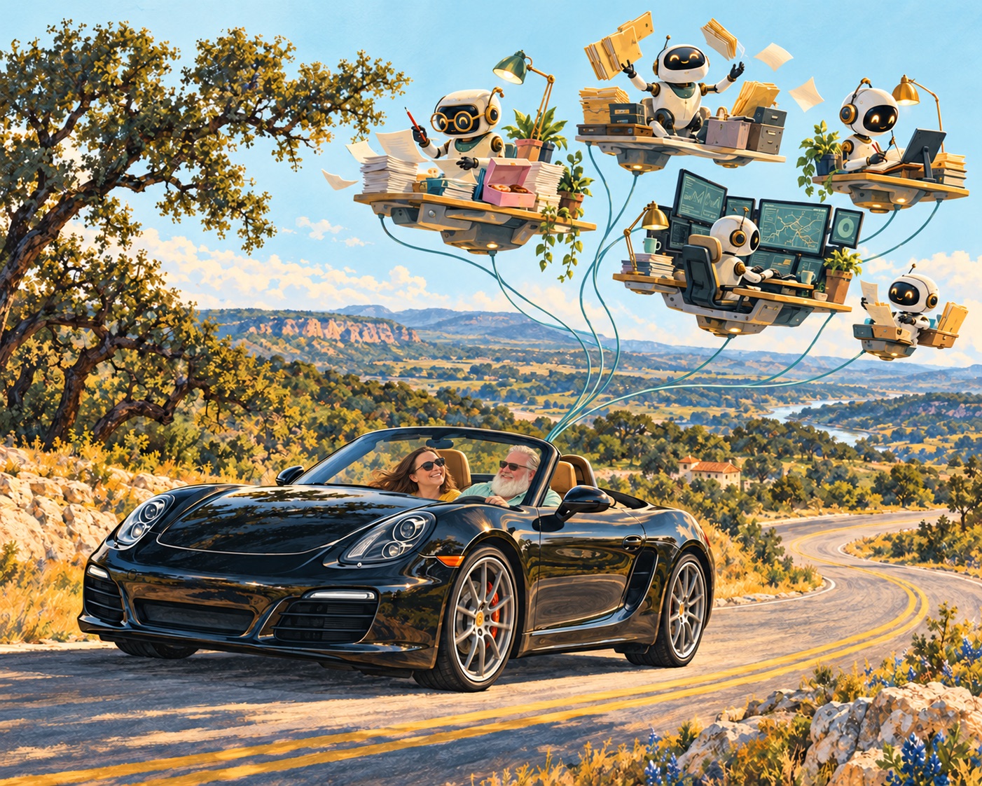 An illustrated Billy and Brandy in their black Porsche 981S, with an imaginary AI office overhead
